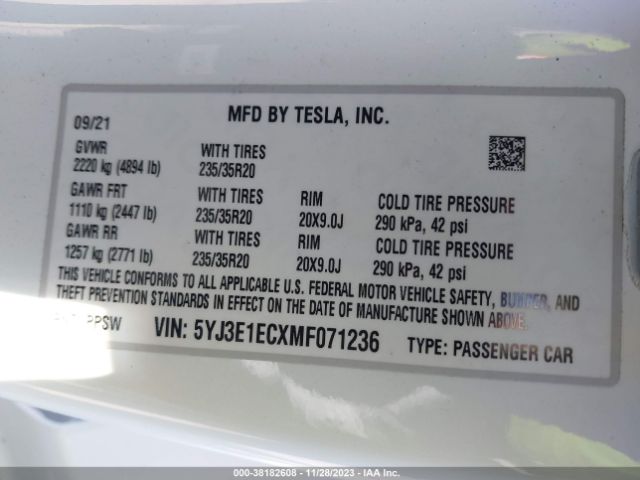 Photo 8 VIN: 5YJ3E1ECXMF071236 - TESLA MODEL 3 