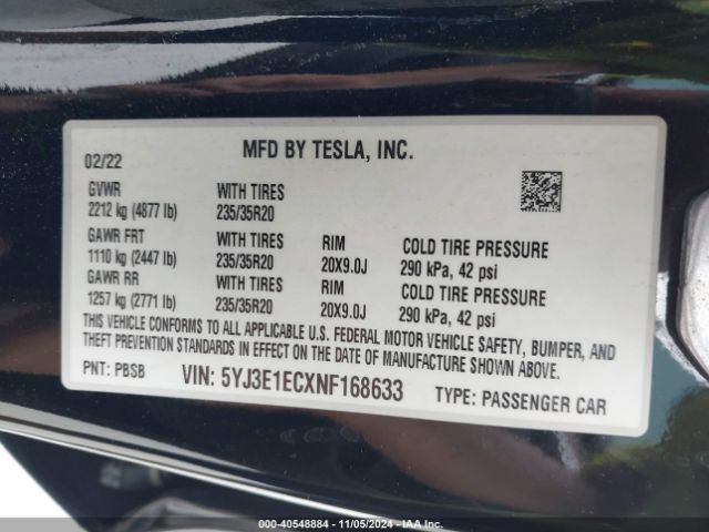 Photo 8 VIN: 5YJ3E1ECXNF168633 - TESLA MODEL 3 