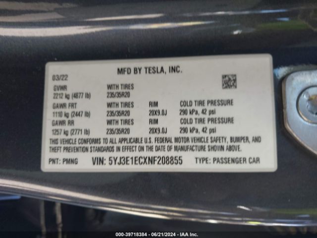 Photo 8 VIN: 5YJ3E1ECXNF208855 - TESLA MODEL 3 