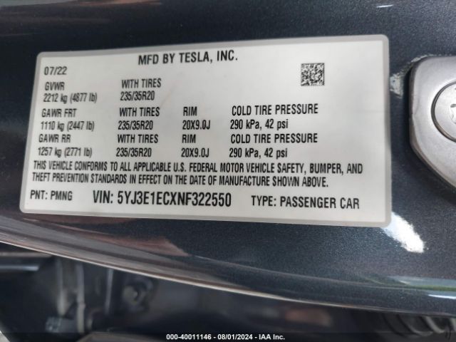 Photo 8 VIN: 5YJ3E1ECXNF322550 - TESLA MODEL 3 