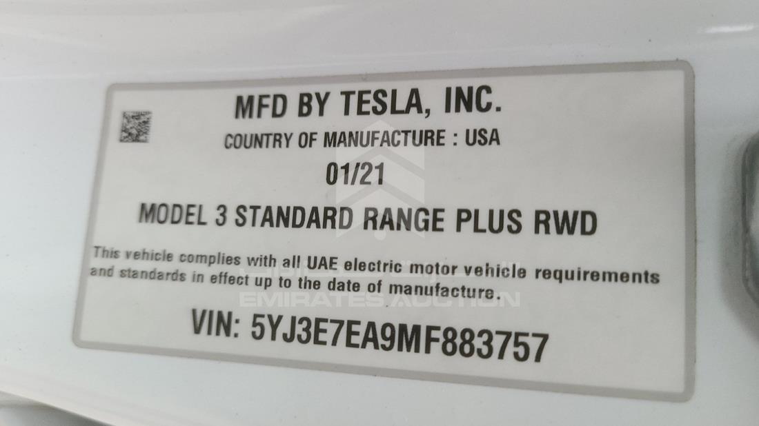 Photo 3 VIN: 5YJ3E7EA9MF883757 - TESLA MODEL 3 