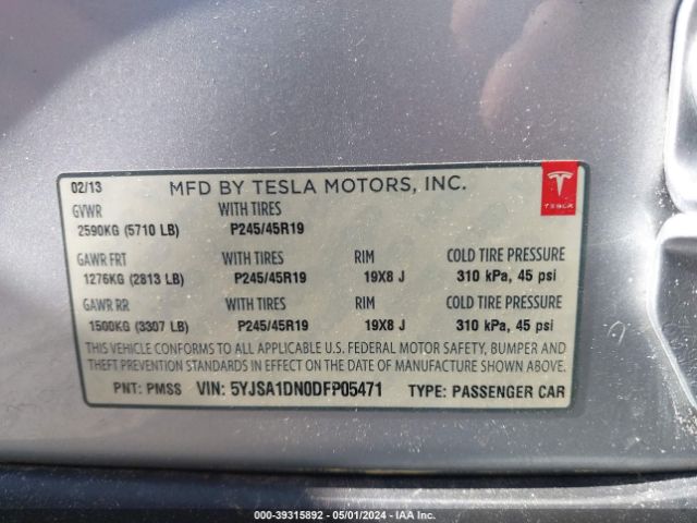 Photo 8 VIN: 5YJSA1DN0DFP05471 - TESLA MODEL S 