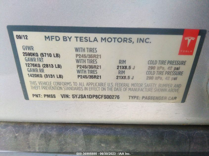 Photo 8 VIN: 5YJSA1DP8CFS00276 - TESLA MODEL S 