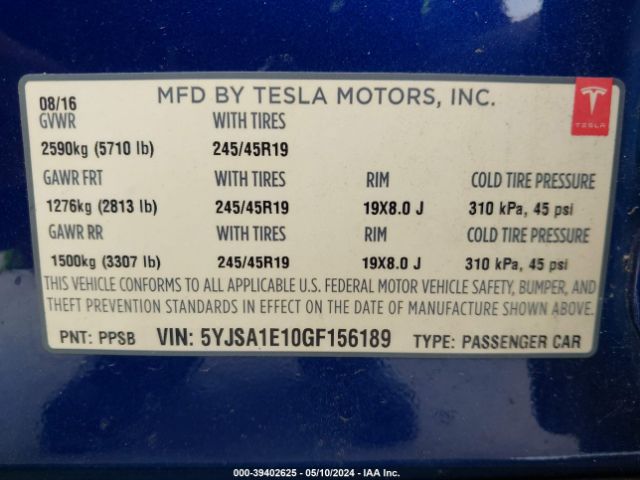 Photo 8 VIN: 5YJSA1E10GF156189 - TESLA MODEL S 