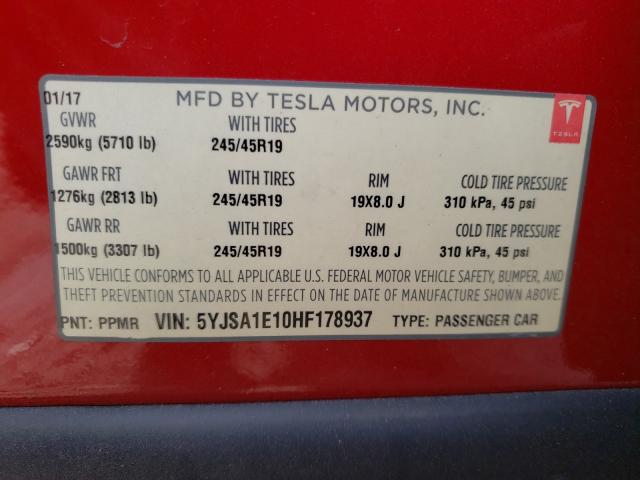 Photo 9 VIN: 5YJSA1E10HF178937 - TESLA MODEL S 