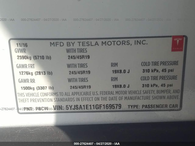 Photo 8 VIN: 5YJSA1E11GF169579 - TESLA MODEL S 