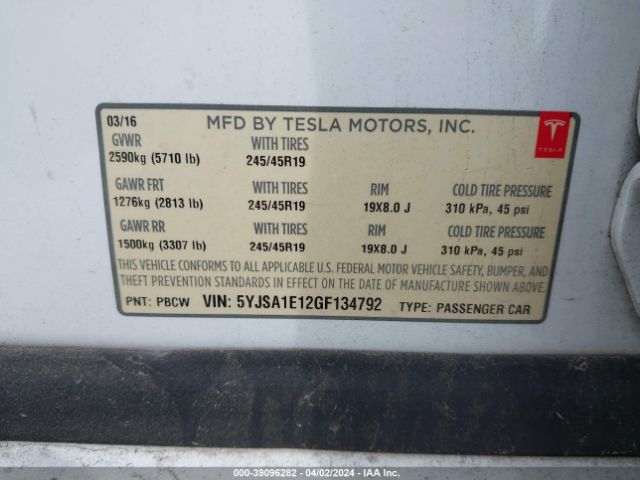 Photo 8 VIN: 5YJSA1E12GF134792 - TESLA MODEL S 