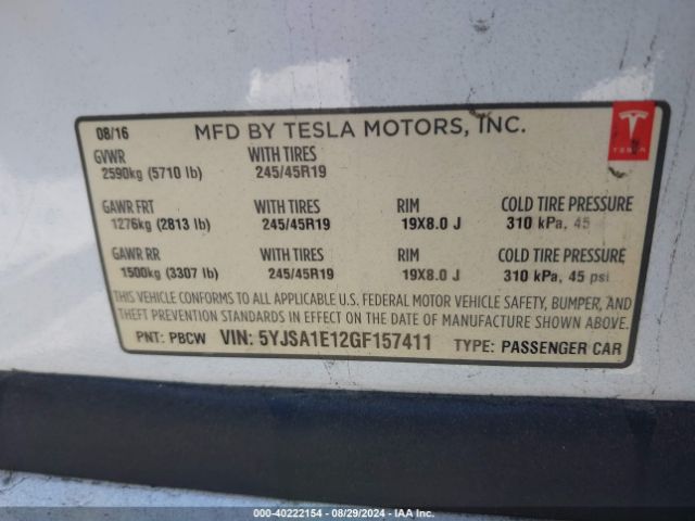 Photo 8 VIN: 5YJSA1E12GF157411 - TESLA MODEL S 