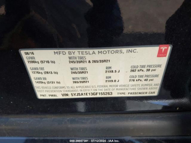 Photo 8 VIN: 5YJSA1E13GF155263 - TESLA MODEL S 