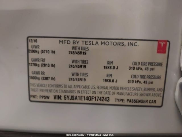 Photo 8 VIN: 5YJSA1E14GF174243 - TESLA MODEL S 