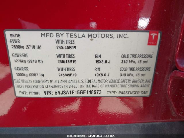 Photo 8 VIN: 5YJSA1E15GF148573 - TESLA MODEL S 