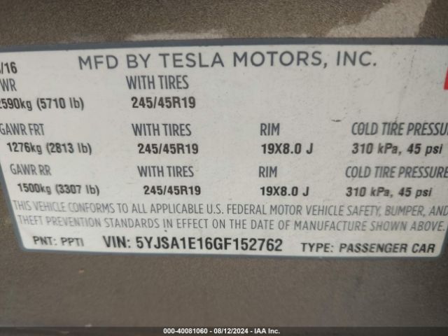 Photo 8 VIN: 5YJSA1E16GF152762 - TESLA MODEL S 