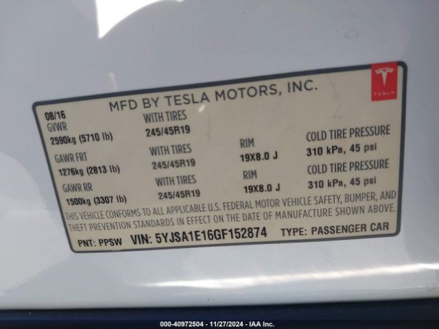 Photo 8 VIN: 5YJSA1E16GF152874 - TESLA MODEL S 