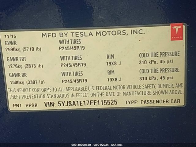 Photo 8 VIN: 5YJSA1E17FF115525 - TESLA MODEL S 