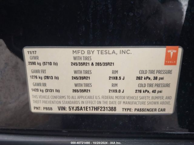 Photo 8 VIN: 5YJSA1E17HF231388 - TESLA MODEL S 