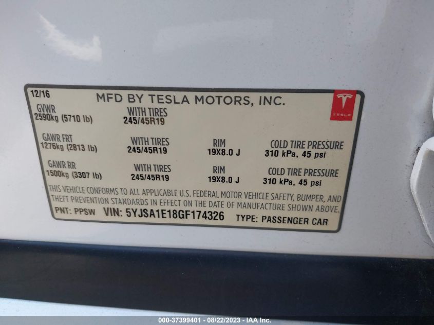 Photo 8 VIN: 5YJSA1E18GF174326 - TESLA MODEL S 