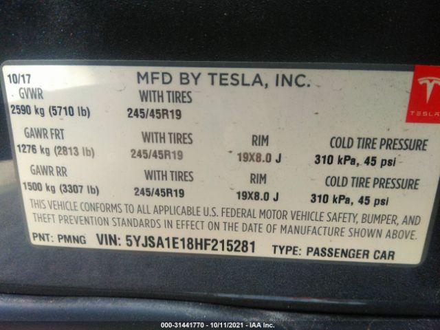 Photo 8 VIN: 5YJSA1E18HF215281 - TESLA MODEL S 