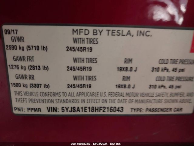 Photo 8 VIN: 5YJSA1E18HF216043 - TESLA MODEL S 