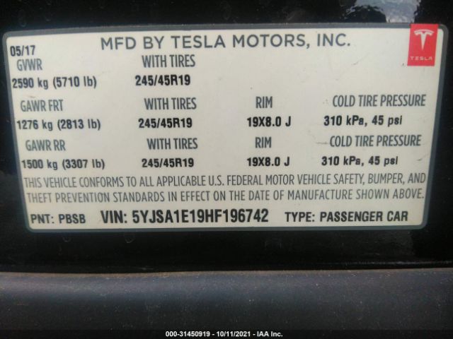 Photo 8 VIN: 5YJSA1E19HF196742 - TESLA MODEL S 