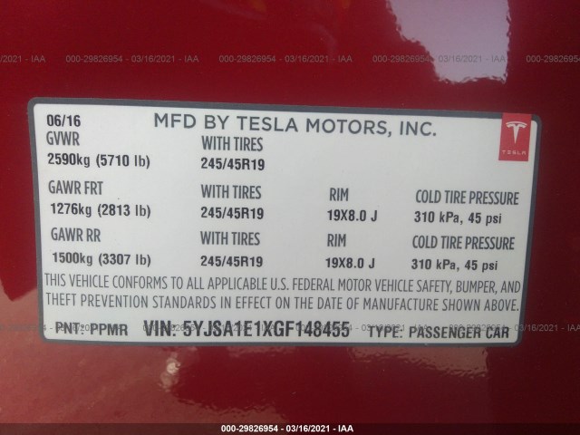 Photo 8 VIN: 5YJSA1E1XGF148455 - TESLA MODEL S 