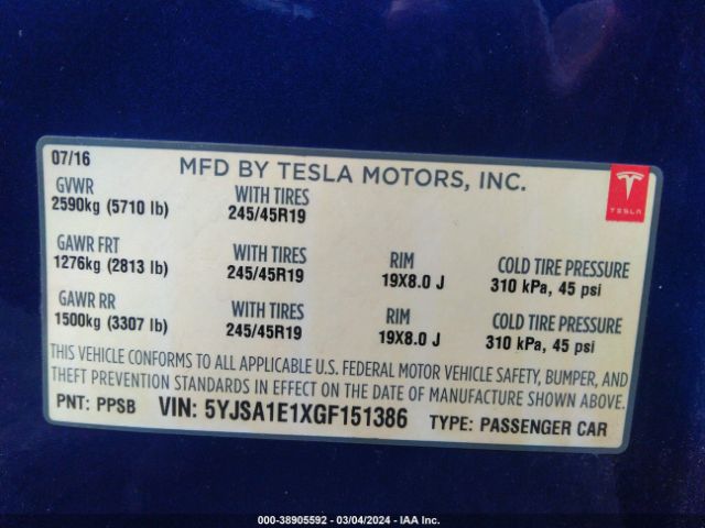 Photo 8 VIN: 5YJSA1E1XGF151386 - TESLA MODEL S 