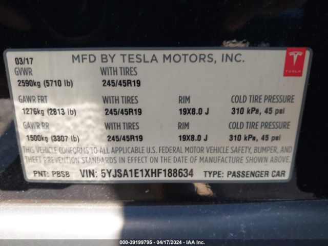 Photo 8 VIN: 5YJSA1E1XHF188634 - TESLA MODEL S 