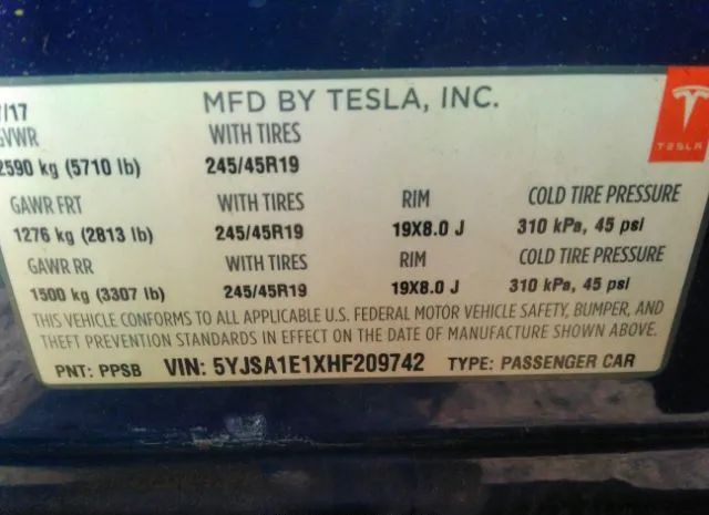 Photo 8 VIN: 5YJSA1E1XHF209742 - TESLA MODEL S 