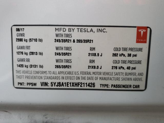 Photo 9 VIN: 5YJSA1E1XHF211426 - TESLA MODEL S 