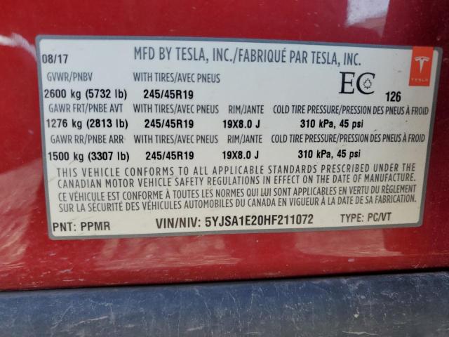 Photo 12 VIN: 5YJSA1E20HF211072 - TESLA MODEL S 