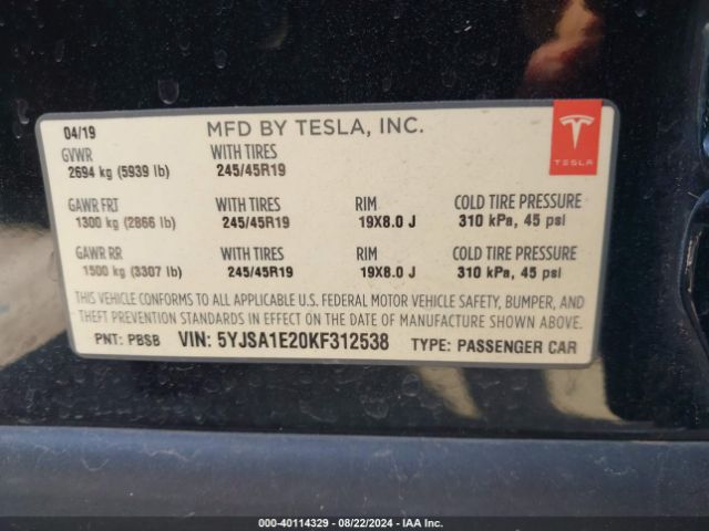 Photo 8 VIN: 5YJSA1E20KF312538 - TESLA MODEL S 