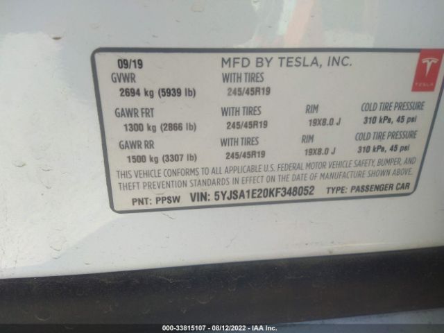 Photo 8 VIN: 5YJSA1E20KF348052 - TESLA MODEL S 