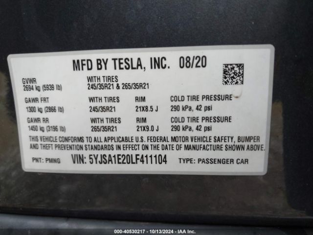 Photo 8 VIN: 5YJSA1E20LF411104 - TESLA MODEL S 