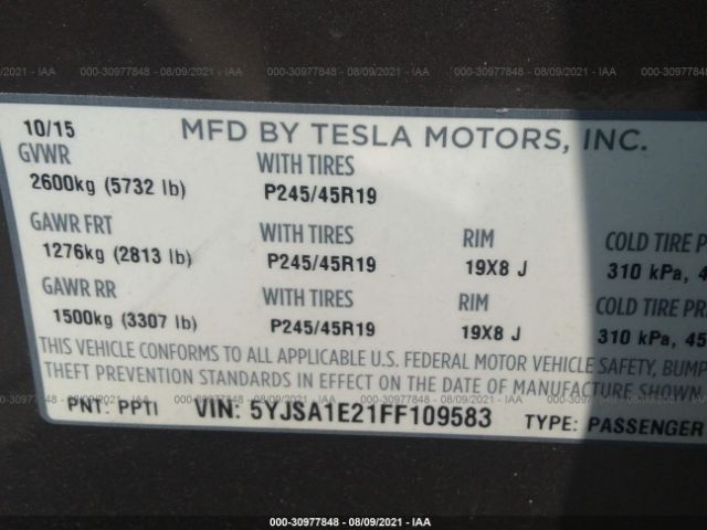 Photo 8 VIN: 5YJSA1E21FF109583 - TESLA MODEL S 