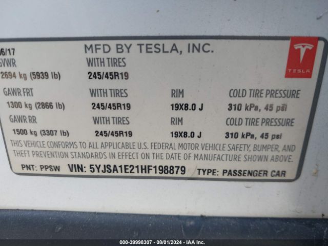 Photo 8 VIN: 5YJSA1E21HF198879 - TESLA MODEL S 