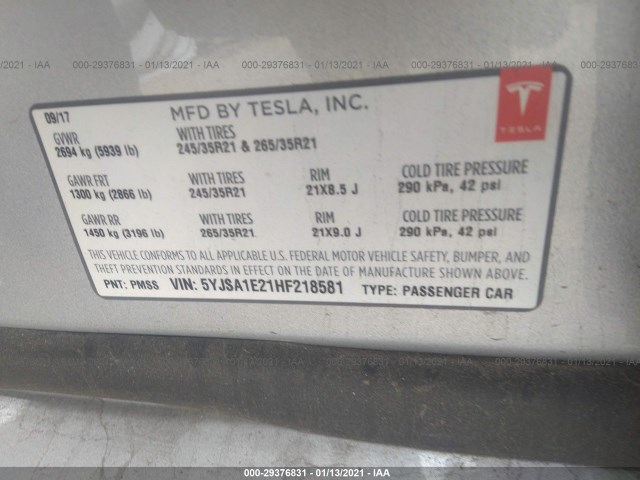 Photo 8 VIN: 5YJSA1E21HF218581 - TESLA MODEL S 