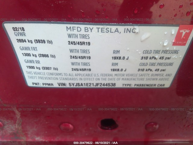 Photo 8 VIN: 5YJSA1E21JF244538 - TESLA MODEL S 