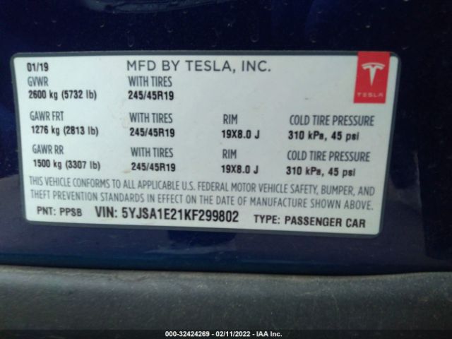 Photo 8 VIN: 5YJSA1E21KF299802 - TESLA MODEL S 