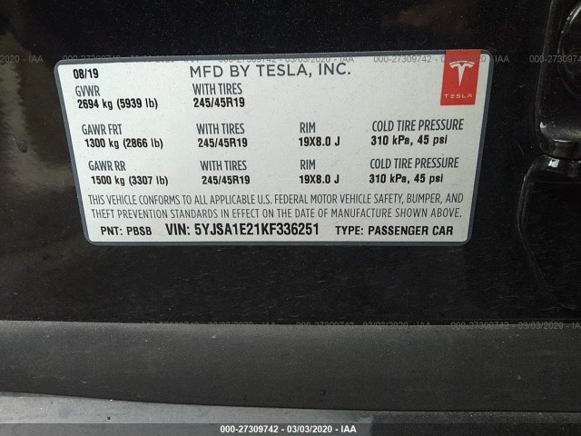 Photo 8 VIN: 5YJSA1E21KF336251 - TESLA MODEL S 