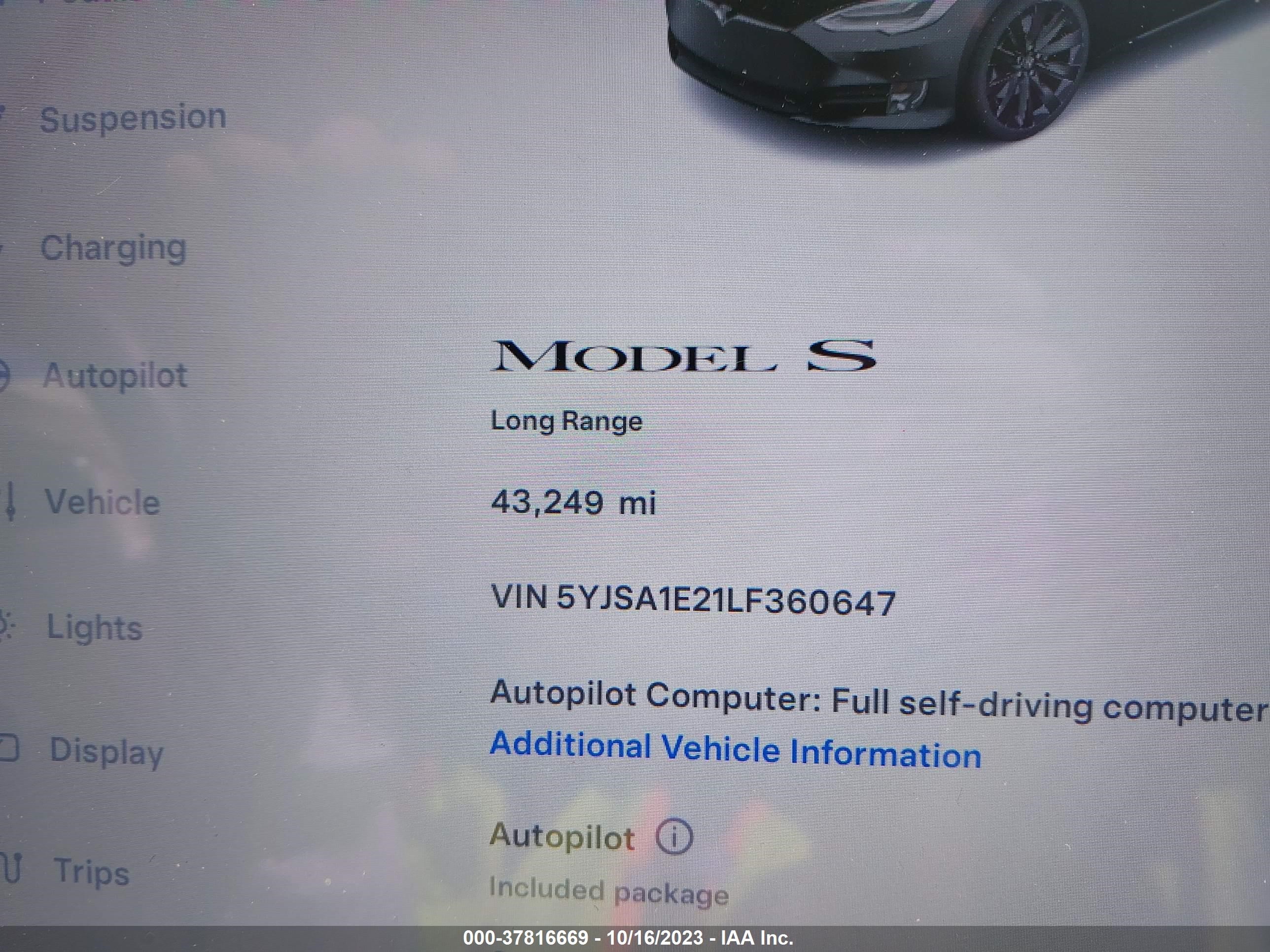 Photo 15 VIN: 5YJSA1E21LF360647 - TESLA MODEL S 