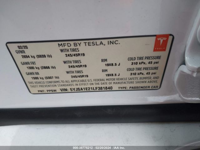 Photo 8 VIN: 5YJSA1E21LF381840 - TESLA MODEL S 