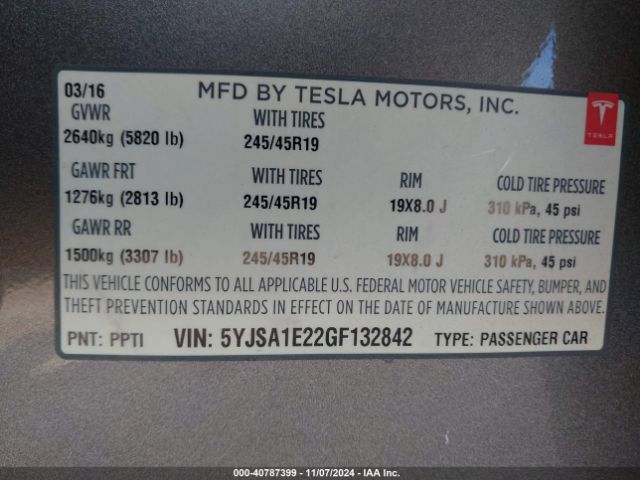 Photo 8 VIN: 5YJSA1E22GF132842 - TESLA MODEL S 