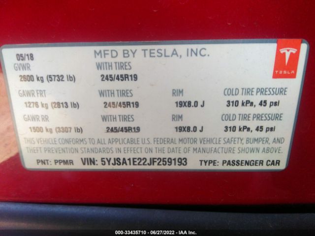 Photo 8 VIN: 5YJSA1E22JF259193 - TESLA MODEL S 