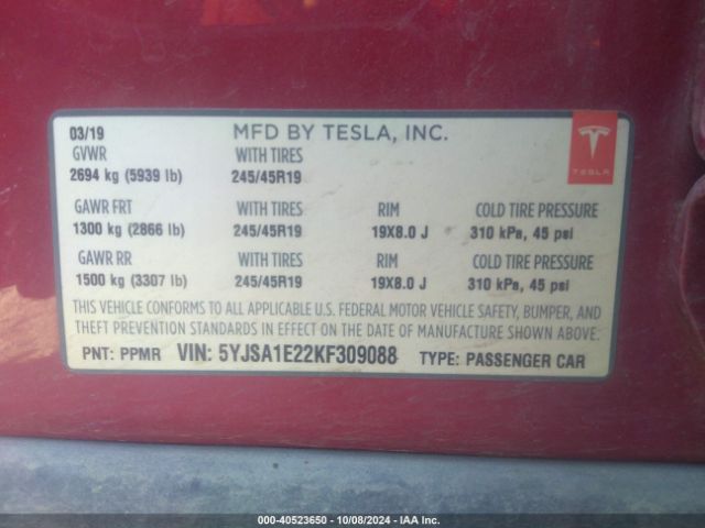 Photo 8 VIN: 5YJSA1E22KF309088 - TESLA MODEL S 