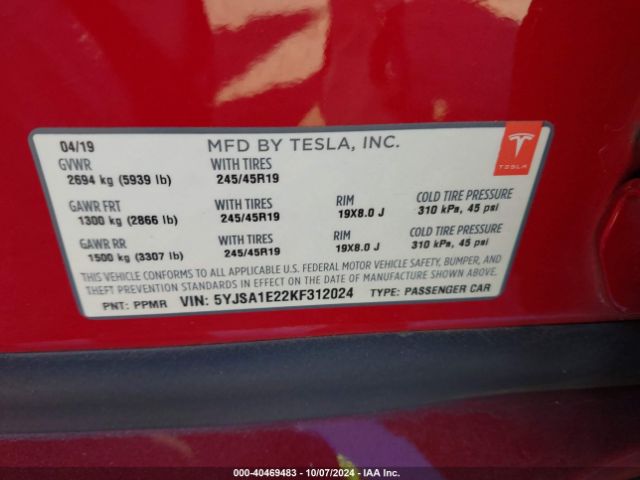 Photo 8 VIN: 5YJSA1E22KF312024 - TESLA MODEL S 