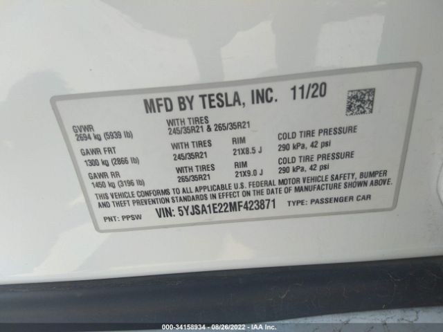 Photo 8 VIN: 5YJSA1E22MF423871 - TESLA MODEL S 