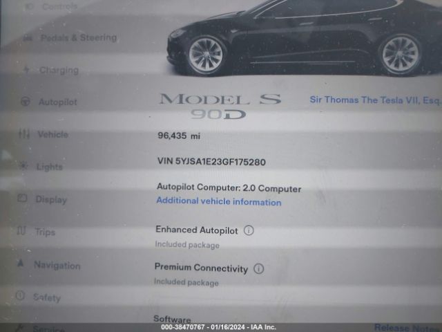 Photo 8 VIN: 5YJSA1E23GF175280 - TESLA MODEL S 