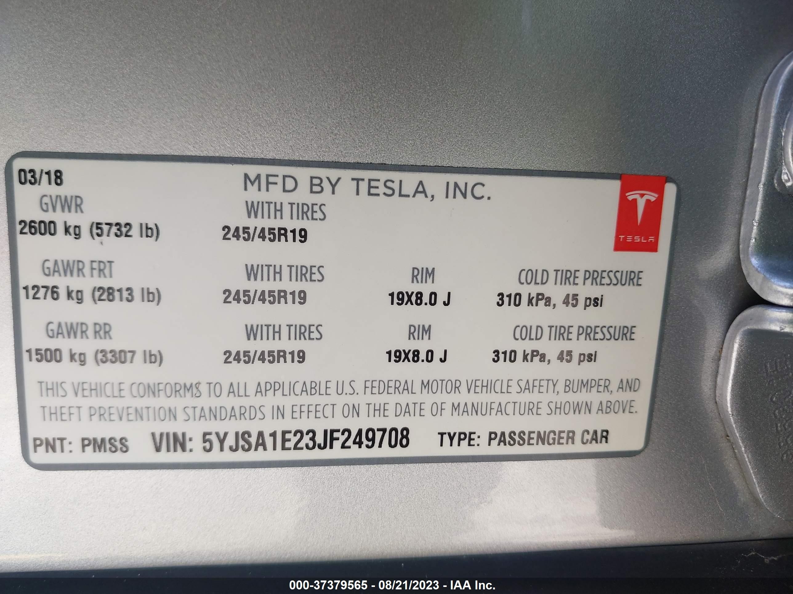 Photo 7 VIN: 5YJSA1E23JF249708 - TESLA MODEL S 