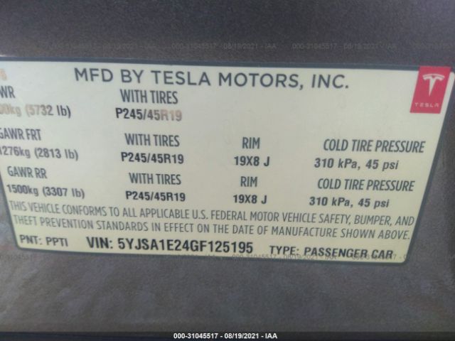 Photo 8 VIN: 5YJSA1E24GF125195 - TESLA MODEL S 