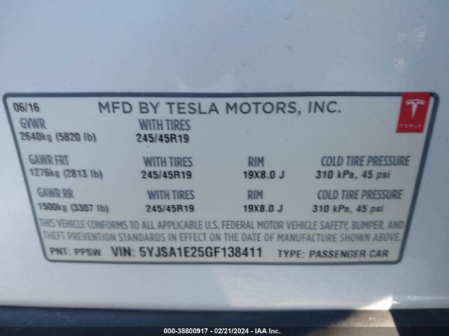 Photo 8 VIN: 5YJSA1E25GF138411 - TESLA MODEL S 