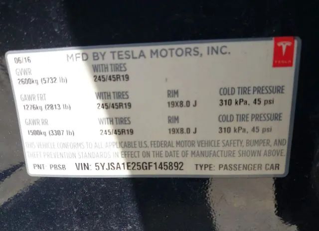 Photo 8 VIN: 5YJSA1E25GF145892 - TESLA MODEL S 